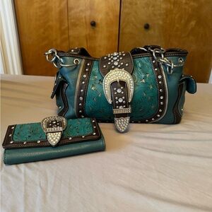Rustic Couture’s Chic Teal Women's Shoulder Bag and Wallet Set